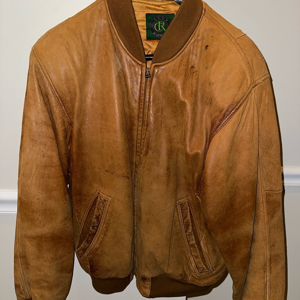 Club Room Men's Brown Soft Leather Bomber Jacket 90s Size 40 Vintage